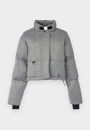Chaqueta de plumas gris recortada con un cuello estructurado, cremallera plateada y detalles en negro en los puños. Presenta textura acolchada y un detalle de logo.
