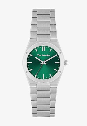 Orologio in acciaio inossidabile con quadrante verde, marcatori delle ore argentati e una superficie texturizzata. Caratterizzato da una lunetta ottagonale lucida e da un bracciale a maglie.