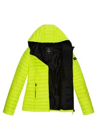 Veste matelassée jaune néon vif avec texture en coutures, capuche, doublure intérieure noire et poches zippées sur les côtés. Taille S.