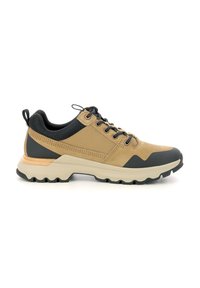 Scarpe da trekking marrone chiaro con accenti neri, parte superiore in rete, design texturizzato, suola robusta e un'etichetta sul retro per indossarle facilmente.