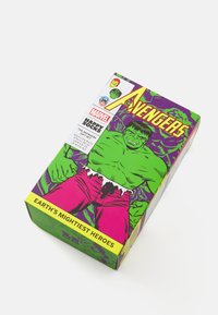 Boîte sur le thème des Avengers présentant un graphique de Hulk dans des couleurs vertes et roses vives, avec des accents jaunes brillants et un texte audacieux sur l'emballage.
