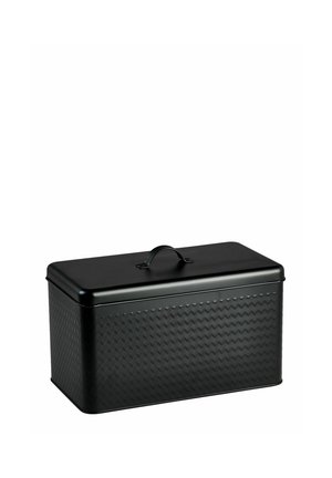 Rechteckige schwarze Metallaufbewahrungsbox mit strukturiertem Zickzackmuster und abgerundetem Griff am Deckel.