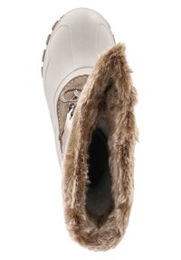 Weiße Winterstiefel mit einem weichen Futter aus Kunstfell, Schnürverschluss, strukturiertem Gummisohle und glattem synthetischem Obermaterial.