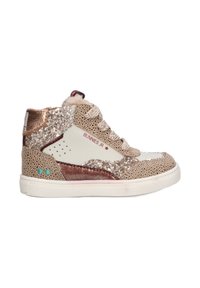 Hoge sneakers van beige synthetisch materiaal, met glinsterende accenten en metallic details. Beschikt over een witte zijpaneel en een gestructureerde zool.