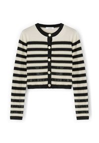 Randig kort kofta i beige och svart. Har horisontella ränder, knappstängning och texturerad stickad design. Långa ärmar.