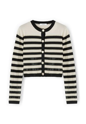 Cardigan corto a righe beige e nero. Presenta righe orizzontali, chiusura con bottoni e design a maglia texturizzata. Maniche lunghe.