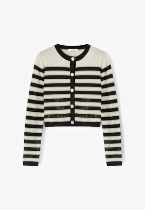 Gestreifte kurze Strickjacke in Beige und Schwarz. Verfügt über horizontale Streifen, Knopfverschluss und strukturiertes Strickdesign. Lange Ärmel.