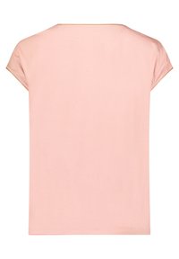 Short-sleeve, light pink T-shirt with a rounded neckline and gold trim along the collar and sleeves, made of smooth cotton fabric.