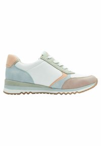 Sneaker leggero con tomaia in pelle bianca, dettagli in verde menta e suède beige. Caratterizzato da una suola testurizzata e un design con lacci.