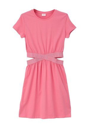 Roze jurk met korte mouwen, gemaakt van zachte stof, met een logo-geprinte tailleband en een geplooide rok voor een ontspannen pasvorm.