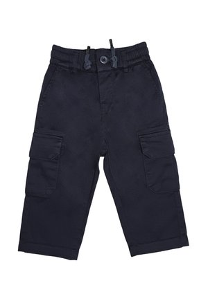 Pantaloni cargo blu navy per bambini piccoli con vita elastica, chiusura con bottone e coulisse, e grandi tasche laterali su entrambe le gambe.