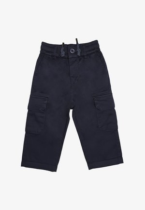 Pantaloni cargo blu navy per bambini piccoli con vita elastica, chiusura con bottone e coulisse, e grandi tasche laterali su entrambe le gambe.