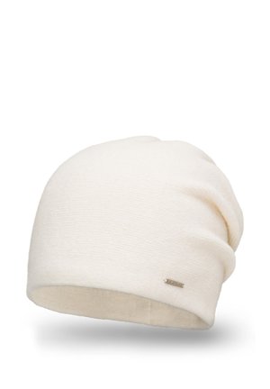 Cream-colored knit beanie with a soft texture, slouchy design, and a small silver logo tag on the side. Standard shape for headwear.