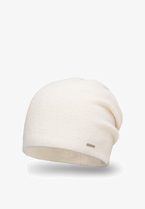 Cremfarbener Strickbeanie mit weicher Textur, lässigem Design und einem kleinen silbernen Logo-Tag an der Seite. Standardform für Kopfbedeckungen.