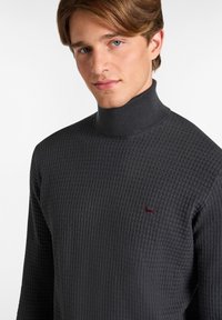 Dunkelgrauer Rollkragenpullover mit einem strukturierten Waffelmuster und einem kleinen burgunderfarbenen Logoakzent auf der Brust.