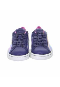 Purple sneakers with white soles, textured leather, and iridescent side accents. Features laces and a pink inner lining.