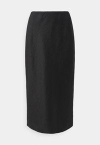 Gonna a matita nera, lunga fino al ginocchio, realizzata in tessuto leggero. Presenta una texture liscia e un design pulito e minimalista senza decorazioni.