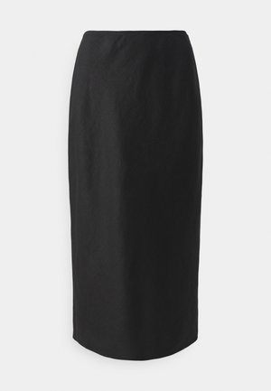 Schwarze Bleistiftrock, knielang, aus leichtem Stoff gefertigt. Verfügt über eine glatte Textur und ein sauberes, minimalistisches Design ohne Verzierungen.