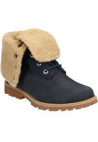 Navy waterproof boot with a tan fleece fold-over collar, lace-up front, and rubber sole with traction patterns. Features metal eyelets.