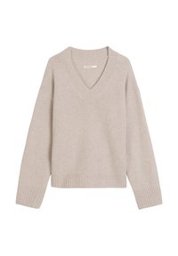 Lichtbeige gebreid sweater met een v-hals, geribde manchetten en zoom. Zachte textuur, relaxte pasvorm en lange mouwen.