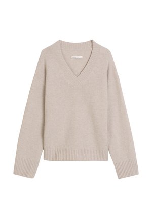 Lichtbeige gebreid sweater met een v-hals, geribde manchetten en zoom. Zachte textuur, relaxte pasvorm en lange mouwen.