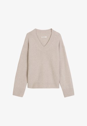 Lichtbeige gebreid sweater met een v-hals, geribde manchetten en zoom. Zachte textuur, relaxte pasvorm en lange mouwen.
