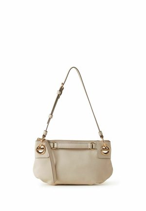 Sac à bandoulière en cuir beige avec sangle réglable, ferrures circulaires dorées et fermeture éclair supérieure, présenté sur fond blanc.