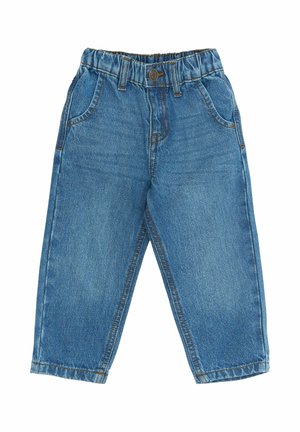 Children's denim pants in light blue. Features include an elastic waistband, front pockets, and stitched detailing along the seams.