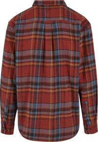Red plaid button-up shirt, long sleeves, featuring blue, yellow, and orange stripes. Soft fabric with a back pleat for ease of movement.