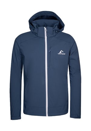 Navy blue softshell jacket with hood, white front zipper, chest pocket, and Westfjord logo on the left chest.