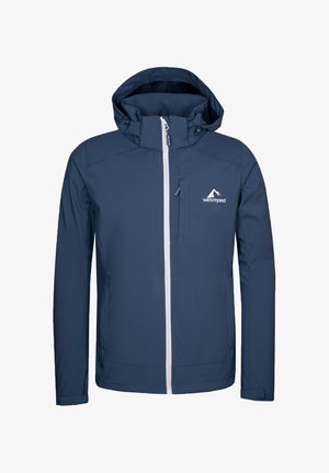 Marineblaue Softshell-Jacke mit Kapuze, weißem Frontreißverschluss, Brusttasche und Westfjord-Logo auf der linken Brust.