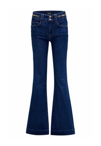 Jeans de mezclilla azul acampanados con cintura alta, que presentan herrajes en tono dorado, dos bolsillos frontales y un corte ajustado que se ensancha desde la rodilla hacia abajo.