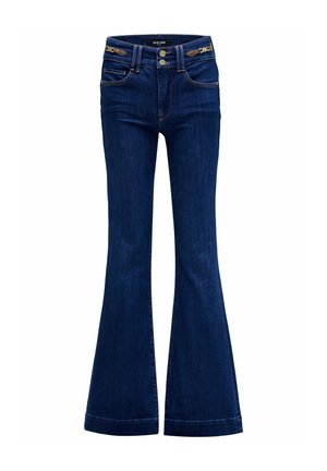 Jean en denim bleu évasé avec taille haute, comportant des éléments en métal doré, deux poches avant et un haut ajusté qui s'évasent à partir du genou.