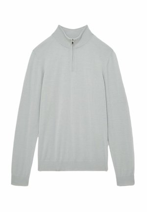 Heledahall hallhõlmadega heledat halli pulloverit, millel on kõrge kaelus ja pooltakjakinnitus. Pikad varrukad, siledast materjalist tekstuur ning soonikservad all.