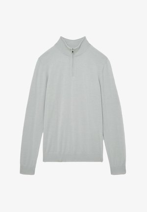 Svetlo šedý pulóver s vysokým golierom a polovičným zipsom. Dlhé rukávy, hladká textúra a rebrované manžety na leme.