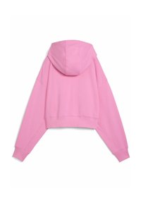 Pink cropped hoodie with a hood, long sleeves, and ribbed cuffs and hem. Made of smooth fabric with a solid color and relaxed fit.