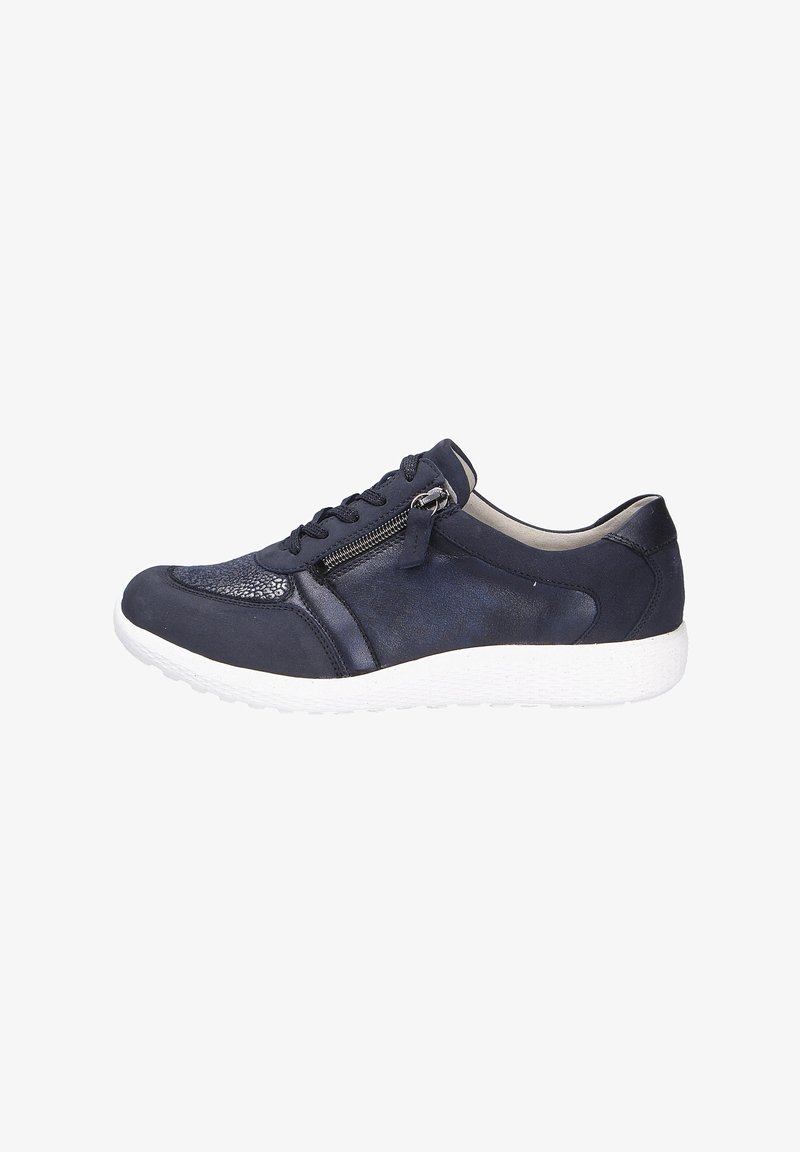 Sneaker en cuir marine avec fermeture éclair et design à lacets. Présente un panneau texturé à la toe et une semelle en caoutchouc blanche.