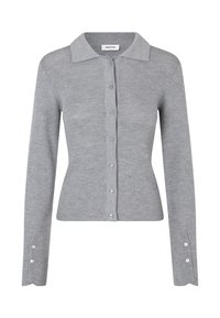 Gray ribbed cardigan with a collared neckline, long sleeves, and button closure. Features buttons at the sleeve cuffs. Soft texture.