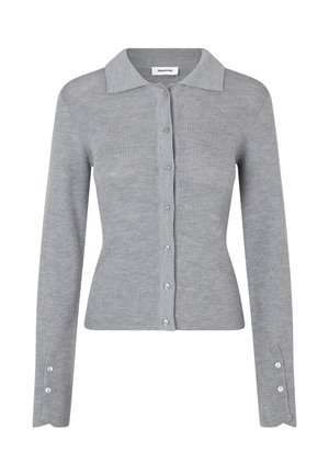 Gray ribbed cardigan with a collared neckline, long sleeves, and button closure. Features buttons at the sleeve cuffs. Soft texture.