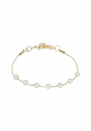 Zartes Goldkettchen-Armband mit sieben gleichmäßig verteilten weißen Perlen und einem kleinen verstellbaren Verschluss.