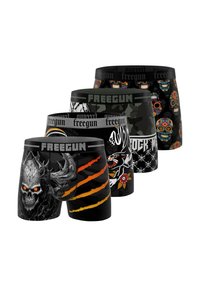 Quatre paires de boxers pour hommes avec des ceintures élastiques. Les motifs comprennent des têtes de mort, du camouflage et des motifs floraux colorés, tous dans des tons sombres.