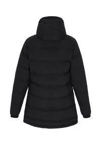 Giubbotto a vento nero con cappuccio, caratterizzato da un design trapuntato e polsini elastici, realizzato in materiale leggero e liscia.