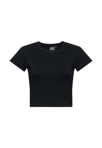 T-shirt nera corta in cotone. Caratterizzata da un collo rotondo e maniche corte con una texture liscia e una vestibilità standard. Senza motivi né dettagli.