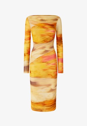 Vestido de manga larga con un estampado combinado de amarillo, naranja y rosa, hecho de una tela suave y elástica con una silueta ajustada.