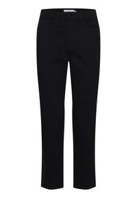 Jean noir avec une coupe slim, design à cinq poches, fermeture à bouton et un tissu lisse et extensible pour le confort et la flexibilité.