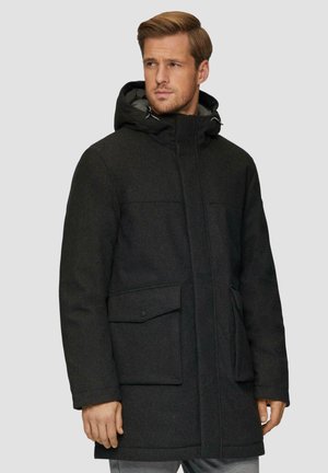 Parka gris foncé avec capuche, dotée d'une fermeture éclair et de boutons, de grandes poches avant et d'un tissu lisse ettexturé.