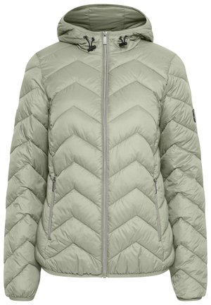 Prošívaná bunda světle zelené barvy s kapucí, s vzorem do písmene V, zipovým uzávěrem a dvěma postranními kapsami.