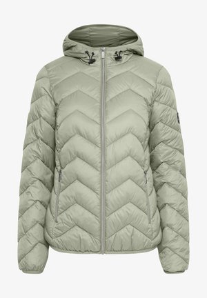 Padded jakna u svijetlozelenoj boji s kapuljačom, s uzorkom u obliku chevrona, patentnim zatvaračem i dva bočna džepa.