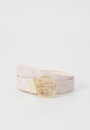 Pink patterned belt with a gold circular buckle featuring interlocking initials. Smooth texture, simple design, and adjustable length.