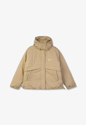 Beige puffer jacket with a high collar, two front pockets, and a zip closure. Features a textured fabric and a small logo on the chest.